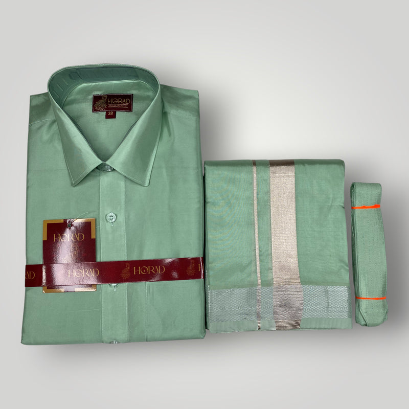 Horad Premium Art Silk Pista Green Shirt + Dhoti + Belt