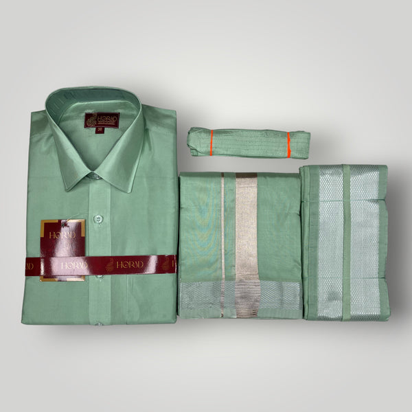 Horad Premium Art Silk Pista Green Shirt + Dhoti + Angavastram + Belt