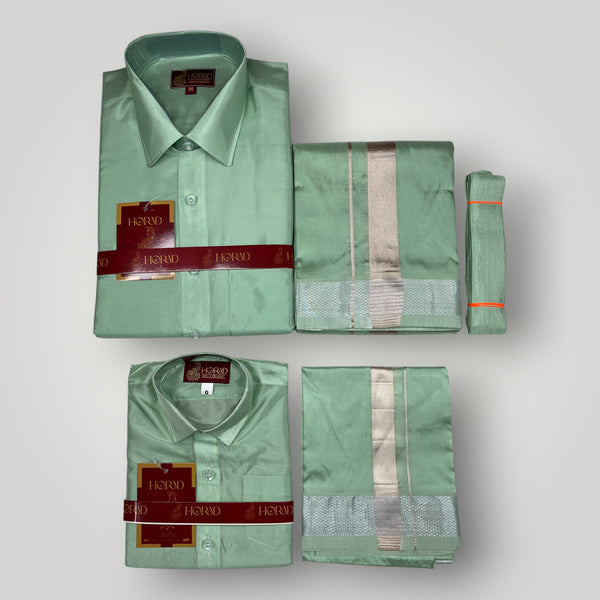 Horad Premium Art Silk Dad and Son Pista Green Shirt + Dhoti + Belt