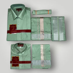 Horad Premium Art Silk Dad and Son Pista Green Shirt + Dhoti + Angavastram + Belt