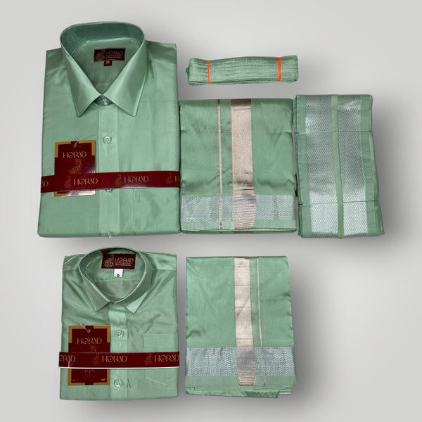 Horad Premium Art Silk Dad and Son Pista Green Shirt + Dhoti + Angavastram + Belt