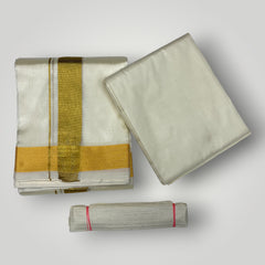 HORAD Premium Art Silk Cream with Gold Dhoti + Cream Shirt Material + Belt