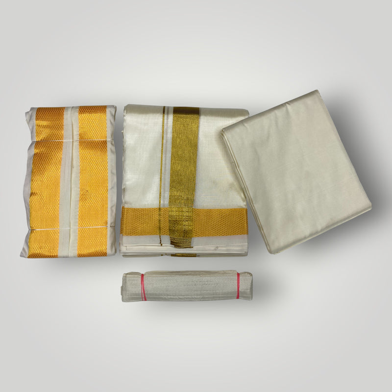 HORAD Premium Art Silk Cream Shirt Material (3 Meter) + (9X5) Dhoti + Angavastram + Belt