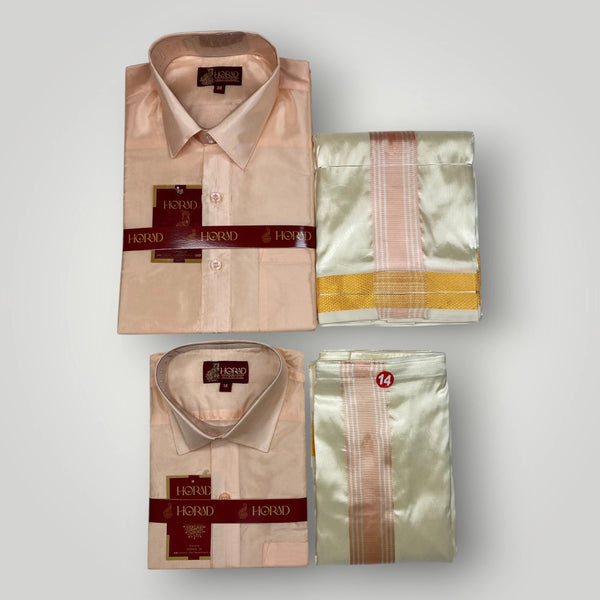 Horad Premium Art Silk Dad and Son RoseGold Shirt + Cream with RoseGold+Gold Border Dhoti