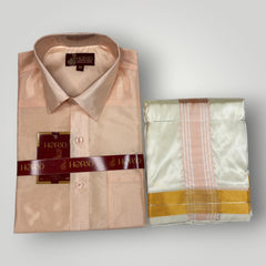 Horad Premium Art Silk Dad and Son RoseGold Shirt + Cream with RoseGold+Gold Border Dhoti + Angavastram + Belt