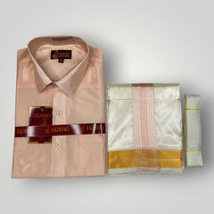 Horad Premium Art Silk RoseGold Shirt + Cream with RoseGold+Gold Border Dhoti + Belt