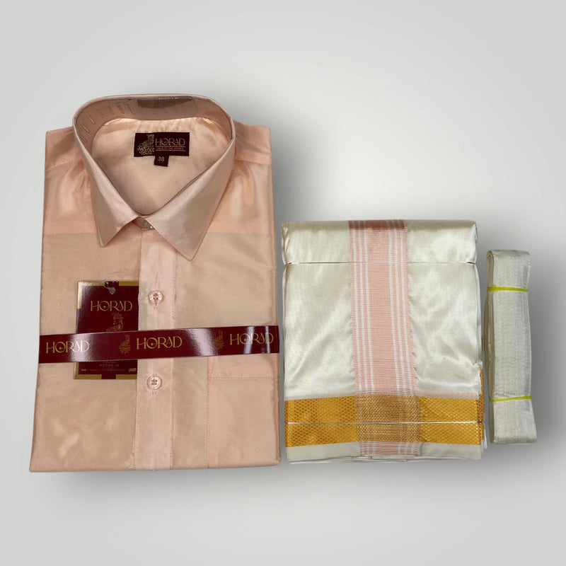 Horad Premium Art Silk RoseGold Shirt + Cream with RoseGold+Gold Border Dhoti + Belt