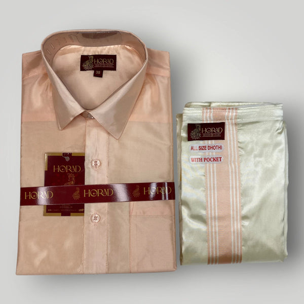Horad Premium Art Silk RoseGold Shirt + Cream with RoseGold+Gold Border Welcro Dhoti