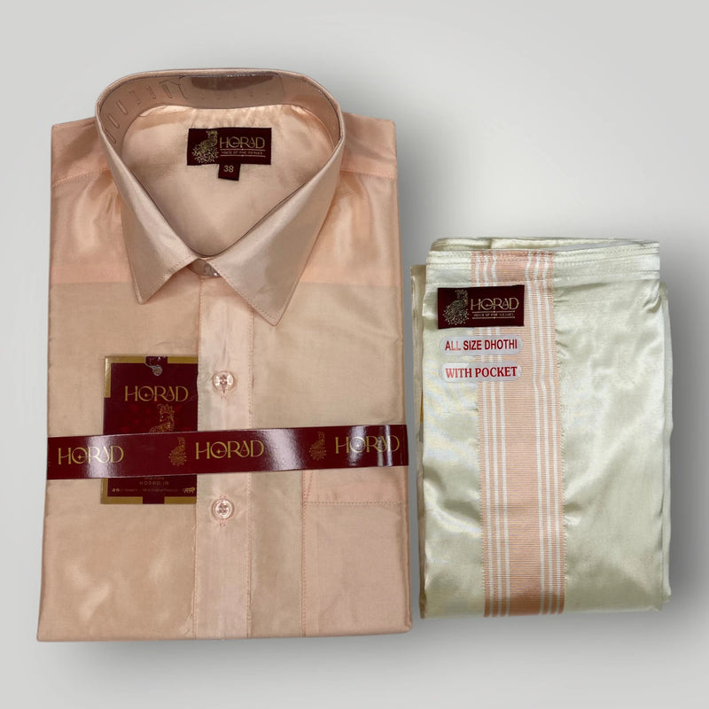 Horad Premium Art Silk RoseGold Shirt + Cream with RoseGold+Gold Border Welcro Dhoti