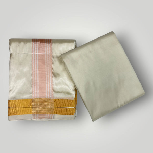 HORAD Premium Art Silk Cream with RoseGold+Gold Border Dhoti with Cream Shirt Material