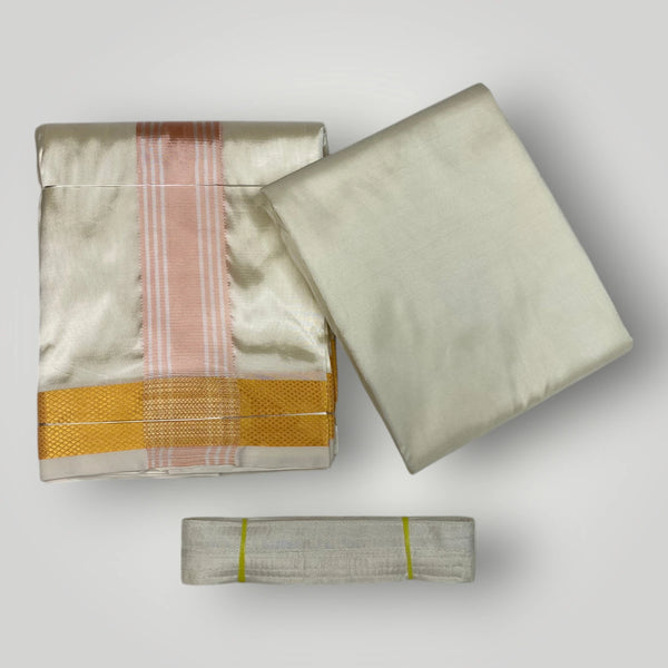 HORAD Premium Art Silk Cream with RoseGold+Gold Border Dhoti with Cream Shirt Material + Belt