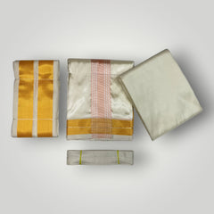 HORAD Premium Art Silk Cream with RoseGold+Gold Border Dhoti with Cream Shirt Material + Angavastram + Belt
