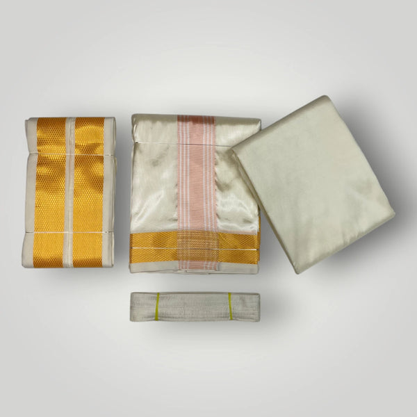 HORAD Premium Art Silk Cream with RoseGold+Gold Border Dhoti with Cream Shirt Material + Angavastram + Belt