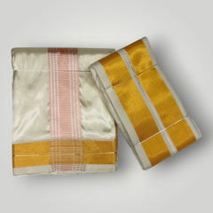 HORAD Premium Art Silk Cream with RoseGold+Gold Border Dhoti + Angavastram (8X4)