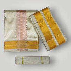 HORAD Premium Art Silk Cream with RoseGold+Gold Border Dhoti + Angavastram + Belt