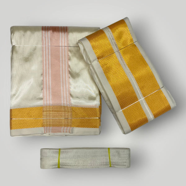 HORAD Premium Art Silk Cream with RoseGold+Gold Border Dhoti + Angavastram + Belt