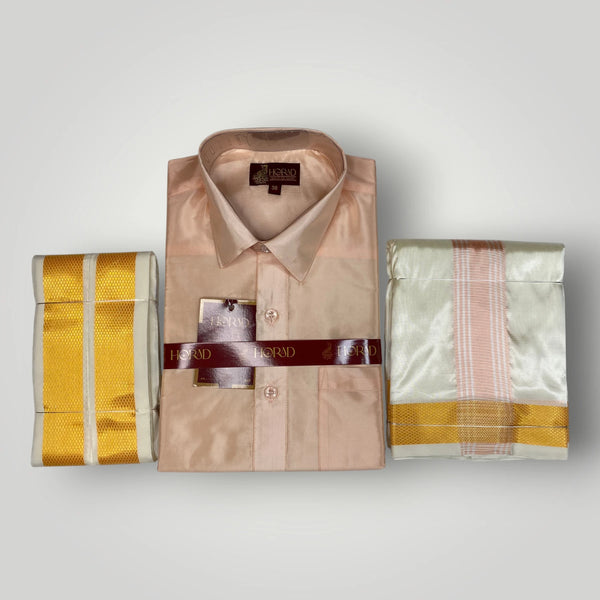 Horad Premium Art Silk RoseGold Shirt + Cream with RoseGold+Gold Border Dhoti + Angavastram