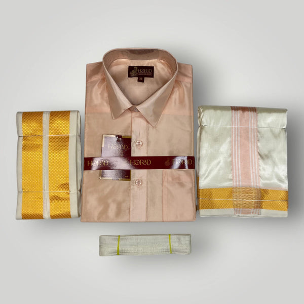 Horad Premium Art Silk RoseGold Shirt + Cream with RoseGold+Gold Border Dhoti + Angavastram + Belt