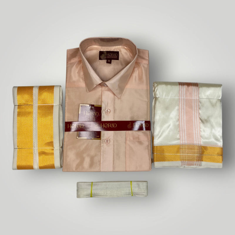 Horad Premium Art Silk RoseGold Shirt + Cream with RoseGold+Gold Border Dhoti + Angavastram + Belt