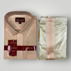 Horad Premium Art Silk Dad and Son RoseGold Shirt + Cream with RoseGold+Gold Border Dhoti + Angavastram + Belt