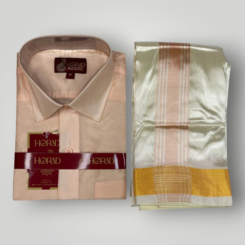Horad Premium Art Silk Dad and Son RoseGold Shirt + Cream with RoseGold+Gold Border Dhoti