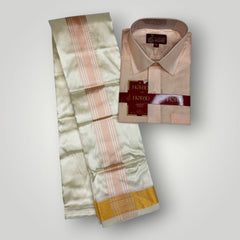 Horad Premium Art Silk Dad and Son RoseGold Shirt + Cream with RoseGold+Gold Border Welcro Dhoti