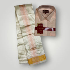 Horad Premium Art Silk Dad and Son RoseGold Shirt + Cream with RoseGold+Gold Border Dhoti + Angavastram