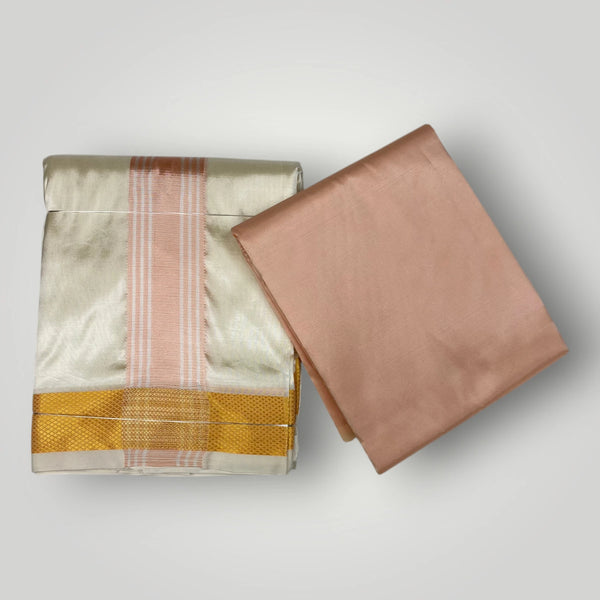 HORAD Premium Art Silk Cream with RoseGold+Gold Border Dhoti with RoseGold Shirt Material