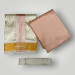 HORAD Premium Art Silk Cream with RoseGold+Gold Border Dhoti with RoseGold Shirt Material + Belt