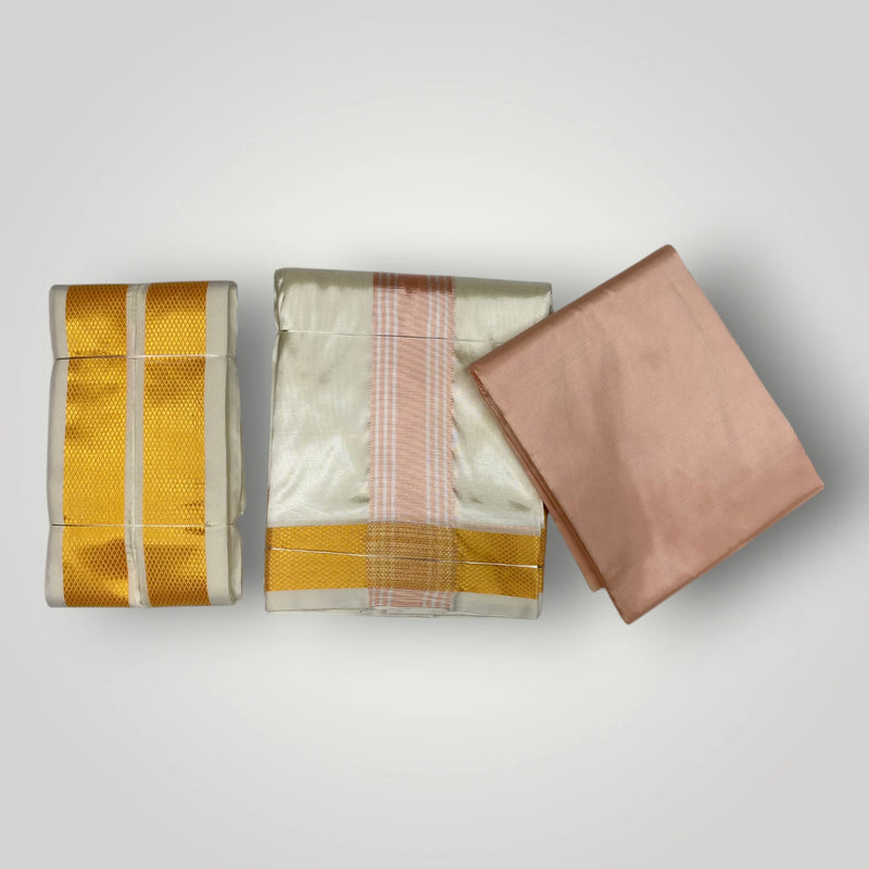 HORAD Premium Art Silk Cream with RoseGold+Gold Border Dhoti with RoseGold Shirt Material + Angavastram