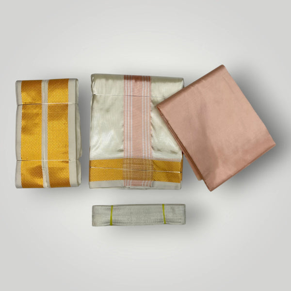 HORAD Premium Art Silk Cream with RoseGold+Gold Border Dhoti with RoseGold Shirt Material + Angavastram + Belt
