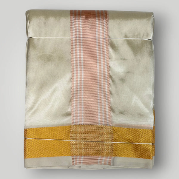 Horad Premium Art Silk RoseGold Shirt + Cream with RoseGold+Gold Border Dhoti