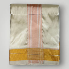 HORAD Premium Art Silk Cream with RoseGold+Gold Border Dhoti with Cream Shirt Material + Angavastram