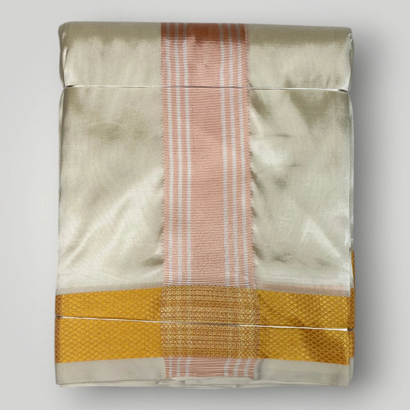 HORAD Premium Art Silk Cream with RoseGold+Gold Border Dhoti with Cream Shirt Material + Angavastram