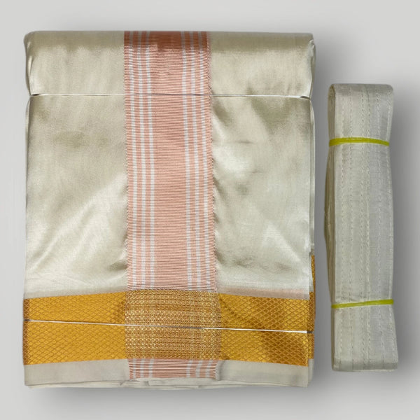 HORAD Premium Art Silk Cream with RoseGold+Gold Border Dhoti with Cream Shirt Material + Belt