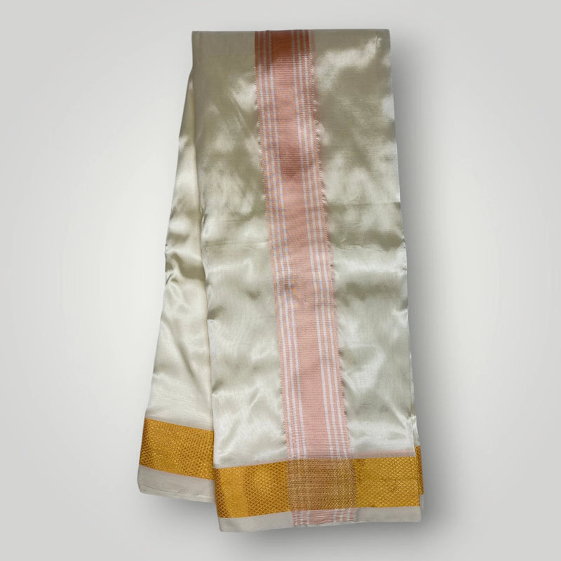 Horad Premium Art Silk Cream Shirt + Cream with RoseGold+Gold Border Dhoti + Angavastram + Belt