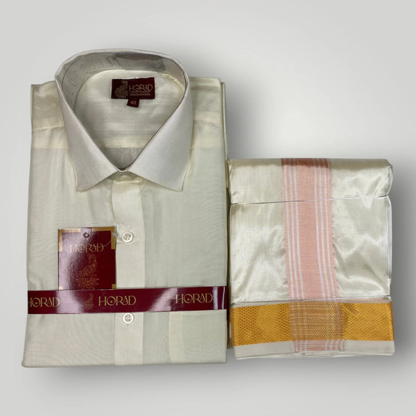 Horad Premium Art Silk Cream Shirt + Cream with RoseGold+Gold Border Dhoti