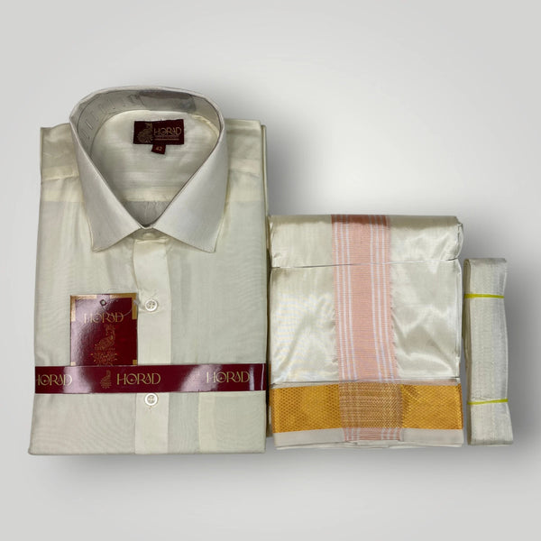 Horad Premium Art Silk Cream Shirt + Cream with RoseGold+Gold Border Dhoti + Belt