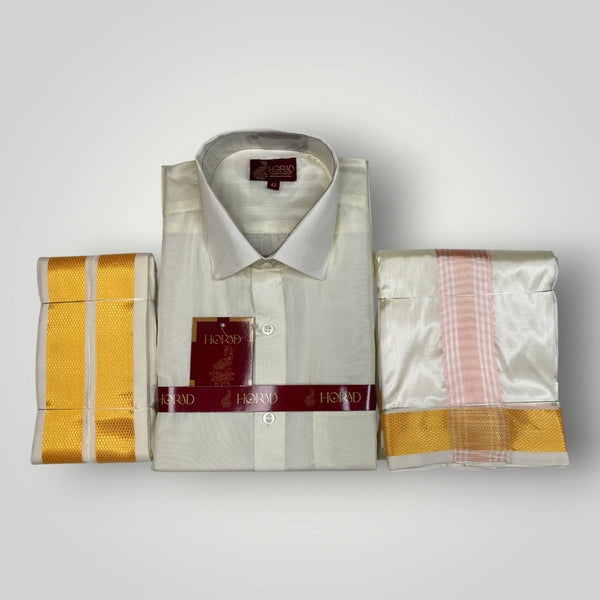 Horad Premium Art Silk Cream Shirt + Cream with RoseGold+Gold Border Dhoti + Angavastram