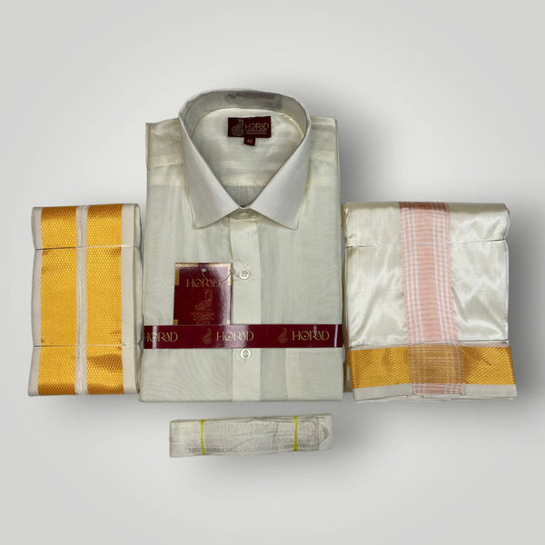 Horad Premium Art Silk Cream Shirt + Cream with RoseGold+Gold Border Dhoti + Angavastram + Belt