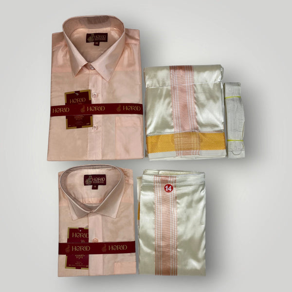 Horad Premium Art Silk Dad and Son RoseGold Shirt + Cream with RoseGold+Gold Border Dhoti + Belt