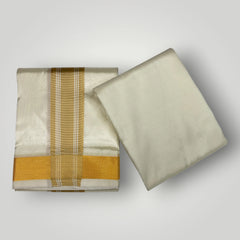 HORAD Premium Art Silk Cream with Gold Border Dhoti with Cream Shirt Material