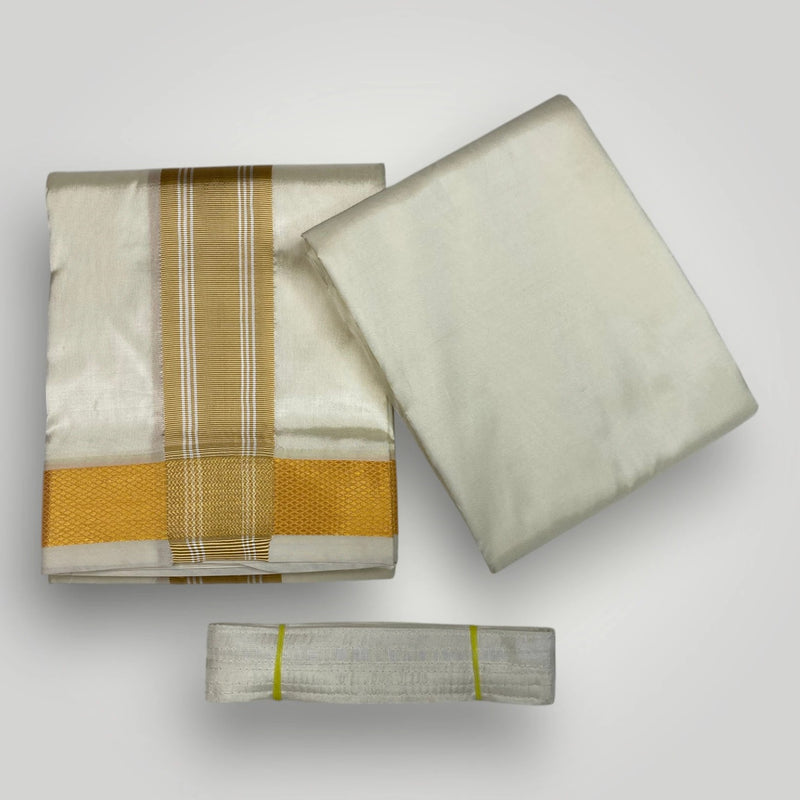 HORAD Premium Art Silk Cream with Gold Border Dhoti with Cream Shirt Material + Belt