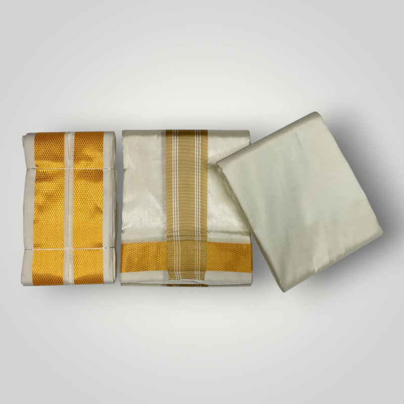 HORAD Premium Art Silk Cream with Gold Border Dhoti with Cream Shirt Material + Angavastram