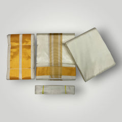 HORAD Premium Art Silk Cream with Gold Border Dhoti with Cream Shirt Material + Angavastram + Belt