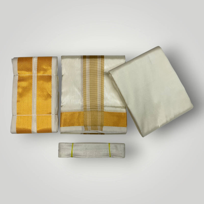HORAD Premium Art Silk Cream with Gold Border Dhoti with Cream Shirt Material + Angavastram + Belt