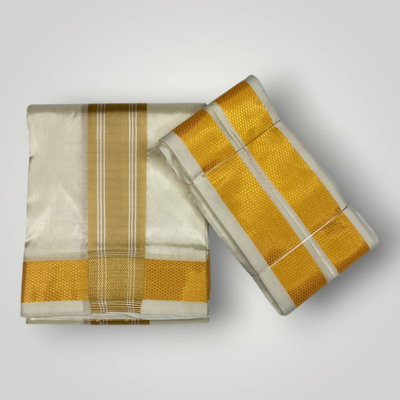 HORAD Premium Art Silk Gold with Gold Border Dhoti + Angavastram