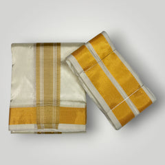 HORAD Premium Art Silk Cream with Gold Border Dhoti + Angavastram