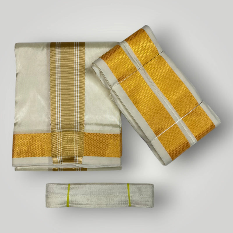 HORAD Premium Art Silk Gold with Gold Border Dhoti + Angavastram + Belt