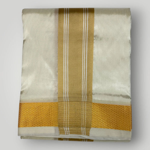 Horad Premium Art Silk Light Gold Shirt + Cream with Gold Border Dhoti + Belt